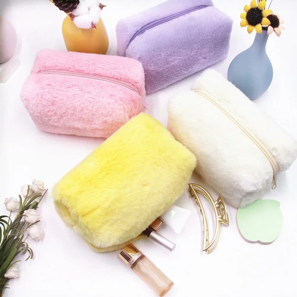 Cute Plush Makeup Bag for Women Zipper Large Solid Color Cosmetic Bag Travel Make Up Toiletry Bag Washing Pouch Plush Pen Pouch