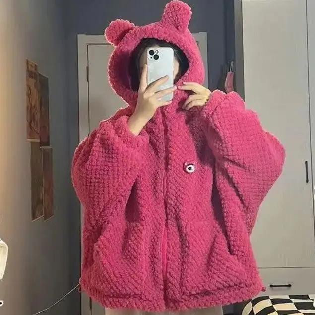 Pull à Capuche en Poils d'Agneau pour Fille, Manteau d'Hiver à la Mode, Dessin Animé, Chapeau Décoratif, Vêtements d'Étudiant en Peluche Optique, Veste Décontractée à la Taille