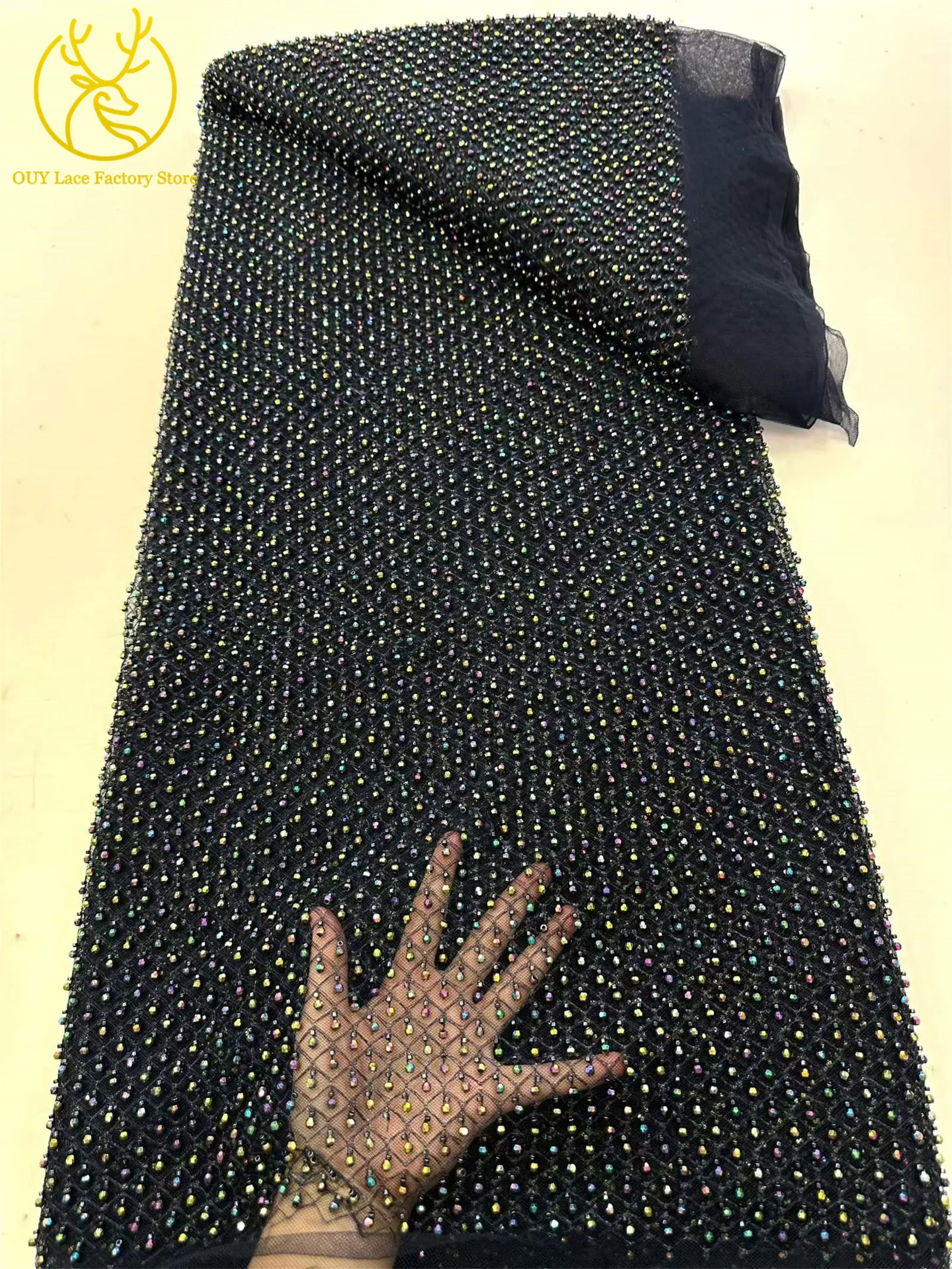 5 Yards Nigerianischer Stein-Tüll-Spitzenstoff, brauner afrikanischer Spitzenstoff, hochwertige französische Perlen-Pailletten-Spitze zum Nähen von Partykleidern – Detail 10