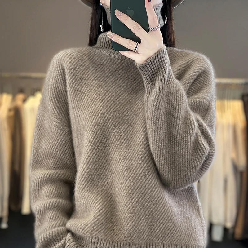 Full-body striped Fall/Winter new 100% Merino wool cashmere sweater Women's turtleneck pullover warm bottom knit shirt top