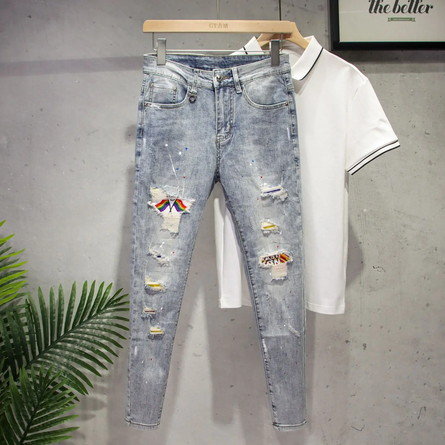 

Slim Fit Men's Jeans Elastic 9-Piece Cotton Stretch Denim mid Waist Zipper Closure Casual Summer Thin Sle Youth Trendy