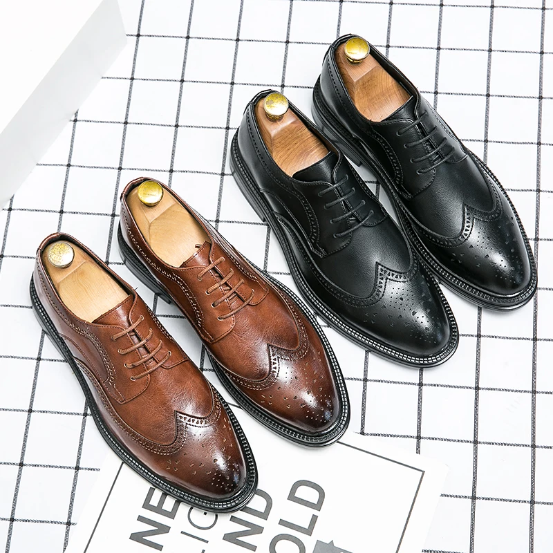 

Classic Wedding Shoes Zapatillas Plus Size： 46 Business Brogue Brown Leather Shoes Men's Career Oxford Black Causal Dress Shoes