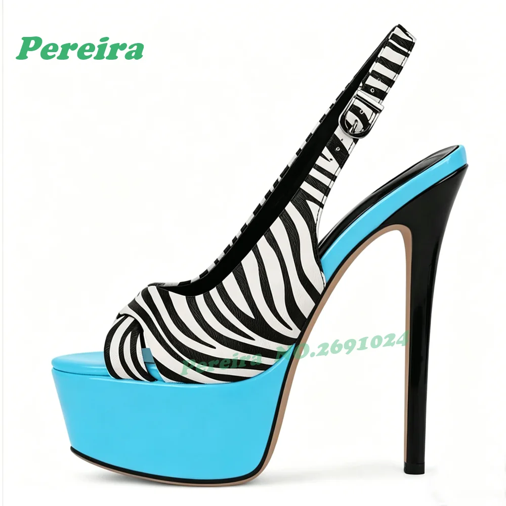 Zebra Print Pink Platform Pumps Peep Toe Slingback Stiletto Sandals Patchwork Thin Heels Side Air Summer Casual Shoes Concise