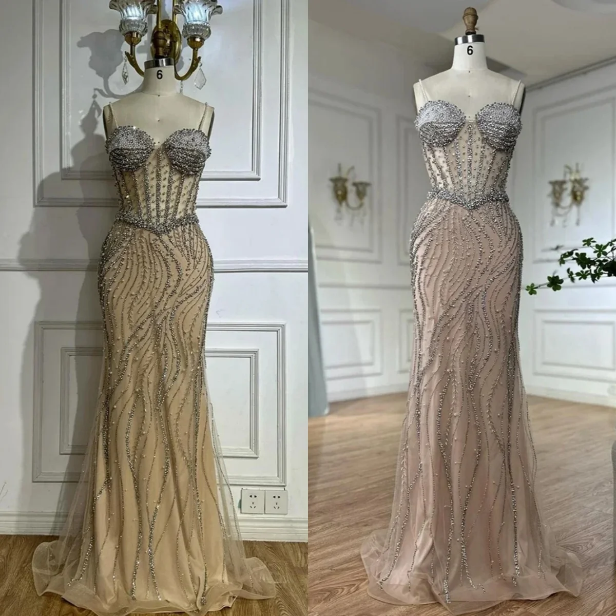 

Вечернее платье ручной работы из бисера Русалка на тонких бретельках с жемчугом Пром платья Роскошные вечерние платья без рукавов длиной до пола по индивидуальному заказу