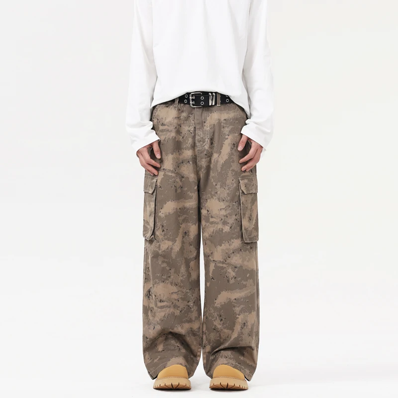 New Trendy Camouflage Design Multi Pocket Work Pants Street Fashion Retro Loose Straight Tube Versatile