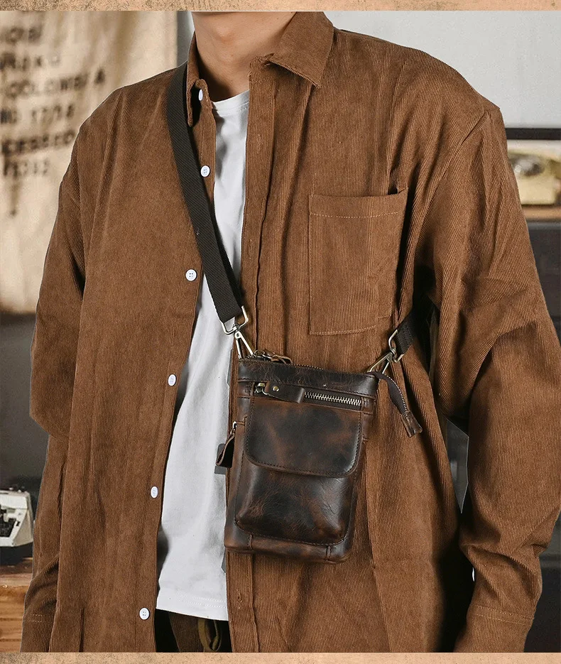 Genuine Leather Waist Bag Vintage Men Multi Function Portable Outdoor Casual Split Hook Wear Belt Crossbody High Quality Pouch