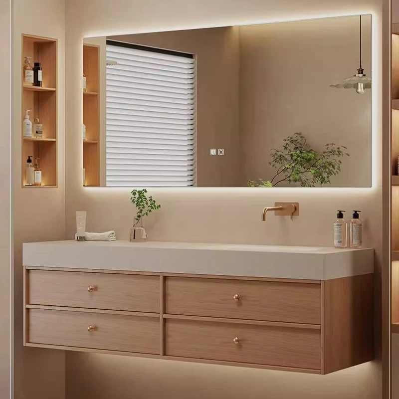 

Medieval style rock slab hot bending seamless integrated basin bathroom cabinet combination toilet washstand