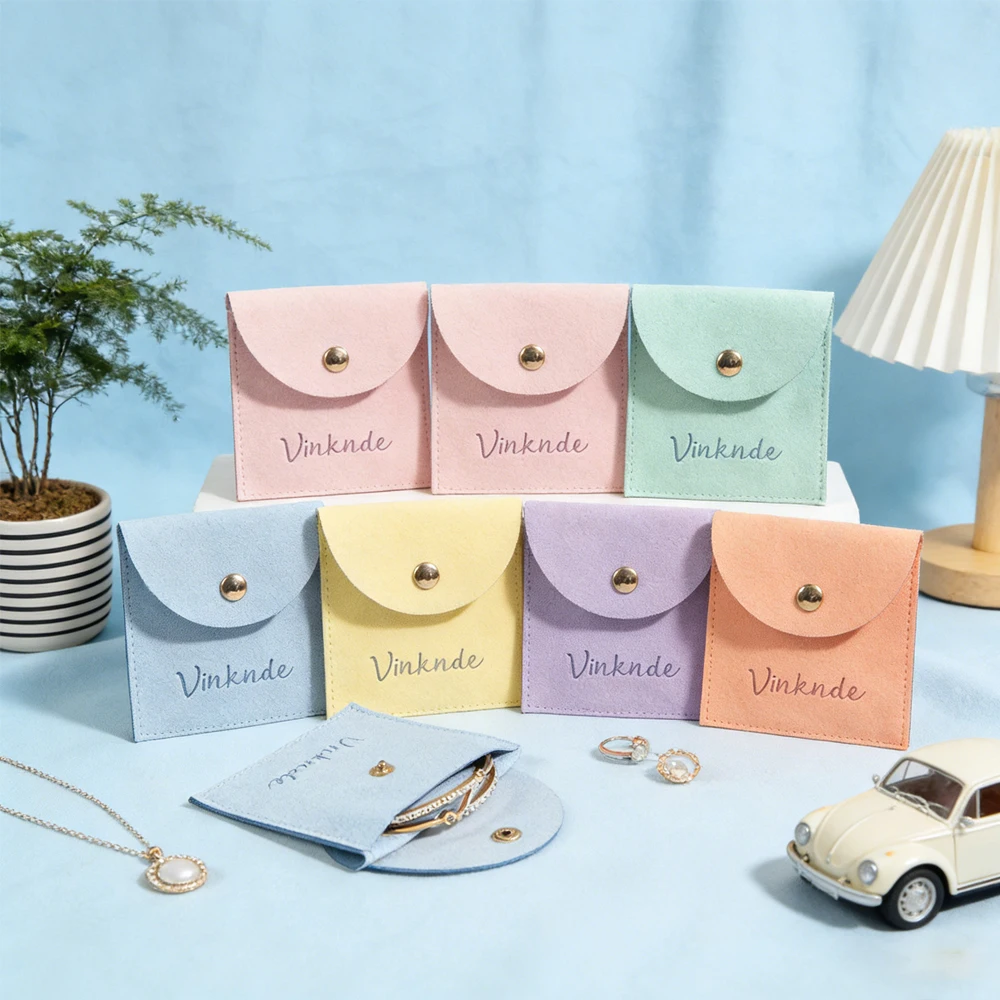 

50Pcs Custom Logo Jewellery Pouch Bag Microfiber Suede Velvet Earring Necklace Snap Button Jewelry Pouch Wedding Gift Packaging