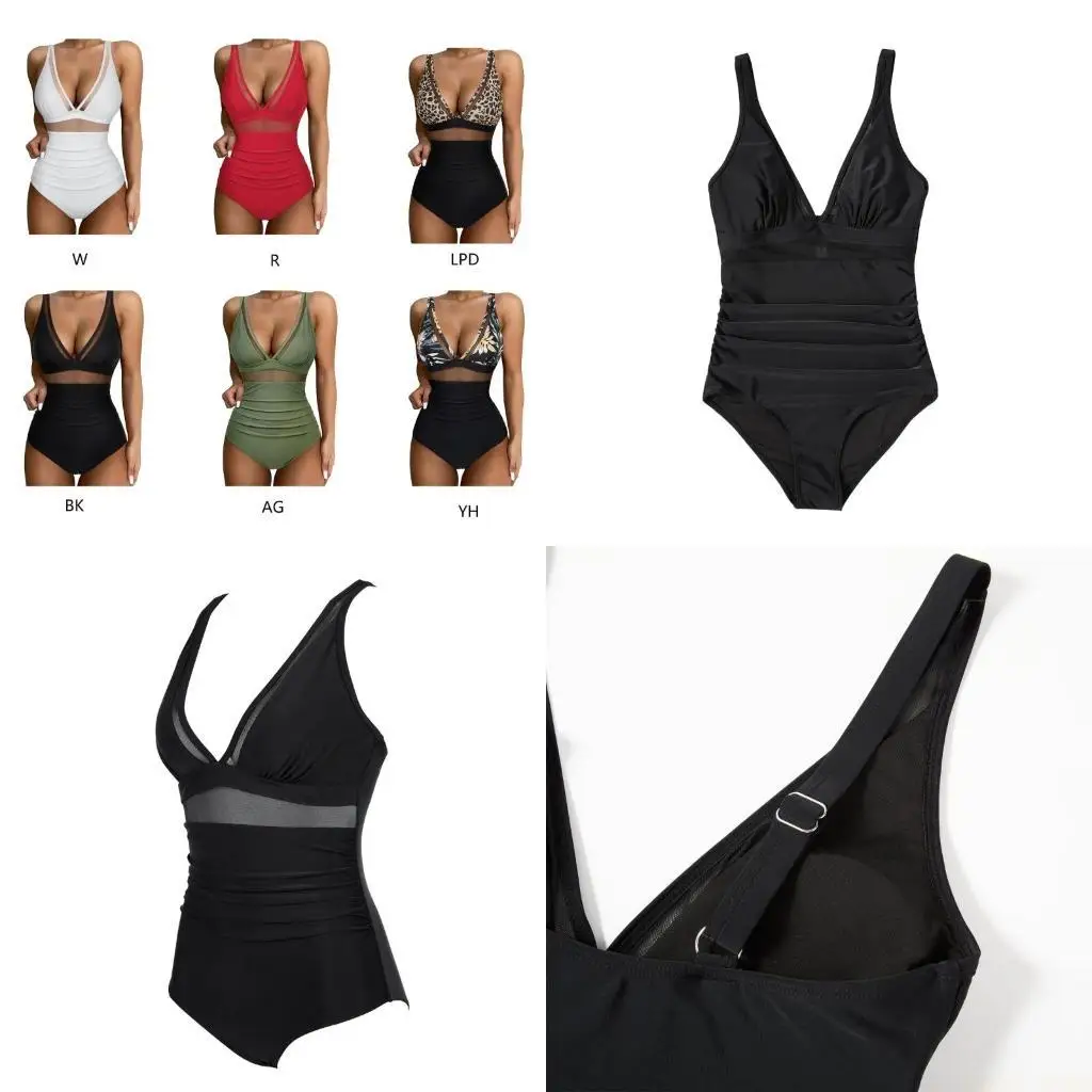 

U2JB Womens Full Coverage Swimwear Female Sexy V-neck Swimsuit Ladies 1 Piece Mesh Bathing Suit for Vacations Surfing