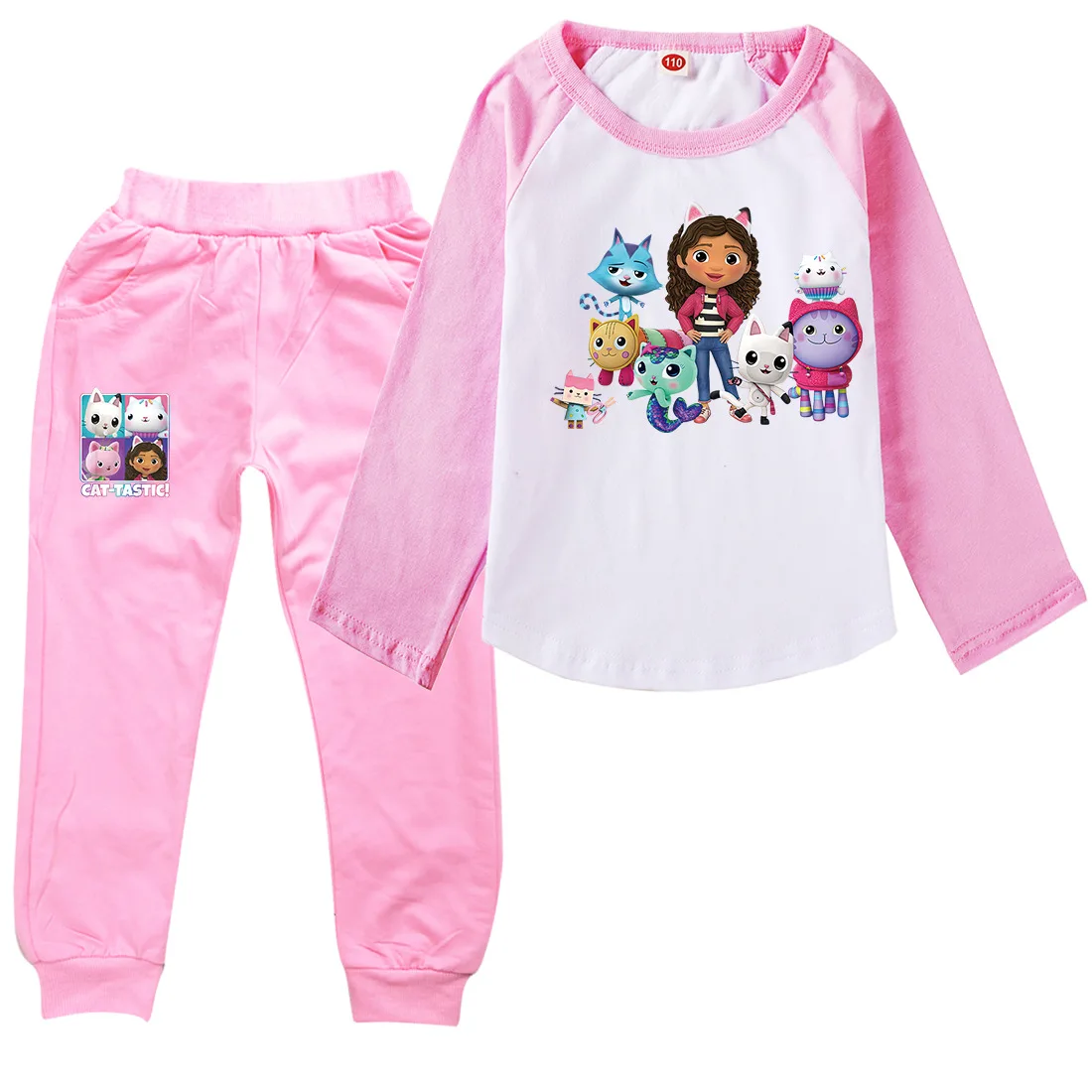 Conjunto de camisetas e calças infantis Gabbys Dollhouse Cartoon, tops casuais, manga comprida, roupas para meninas, Gabby Chat, 2 peças