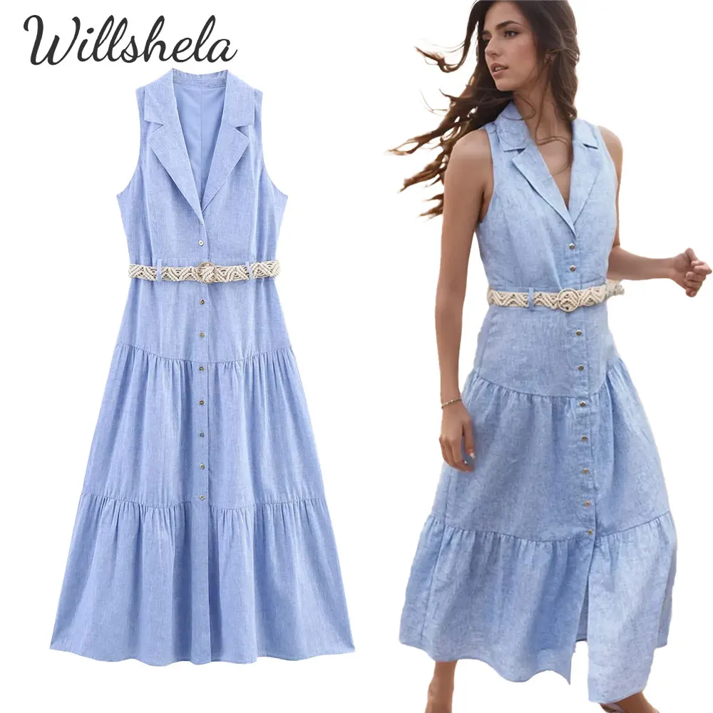 

Willshela Women Fashion Linen Midi Dress Lapel Collar Sleeveless High Waist with Belt Female Chic Lady Casual Long Vestidos