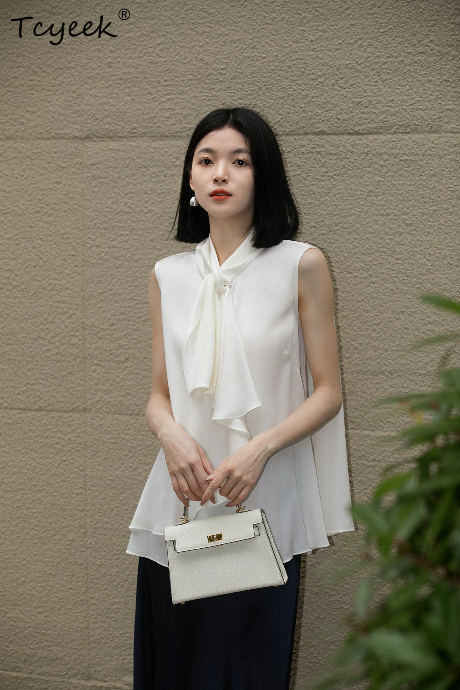 Tcyeek, chemise élégante en soie de mûrier 9%, volants sans manches avec ruban pour femmes, hauts OL de trajet à la mode, été automne 2024 T46428QM