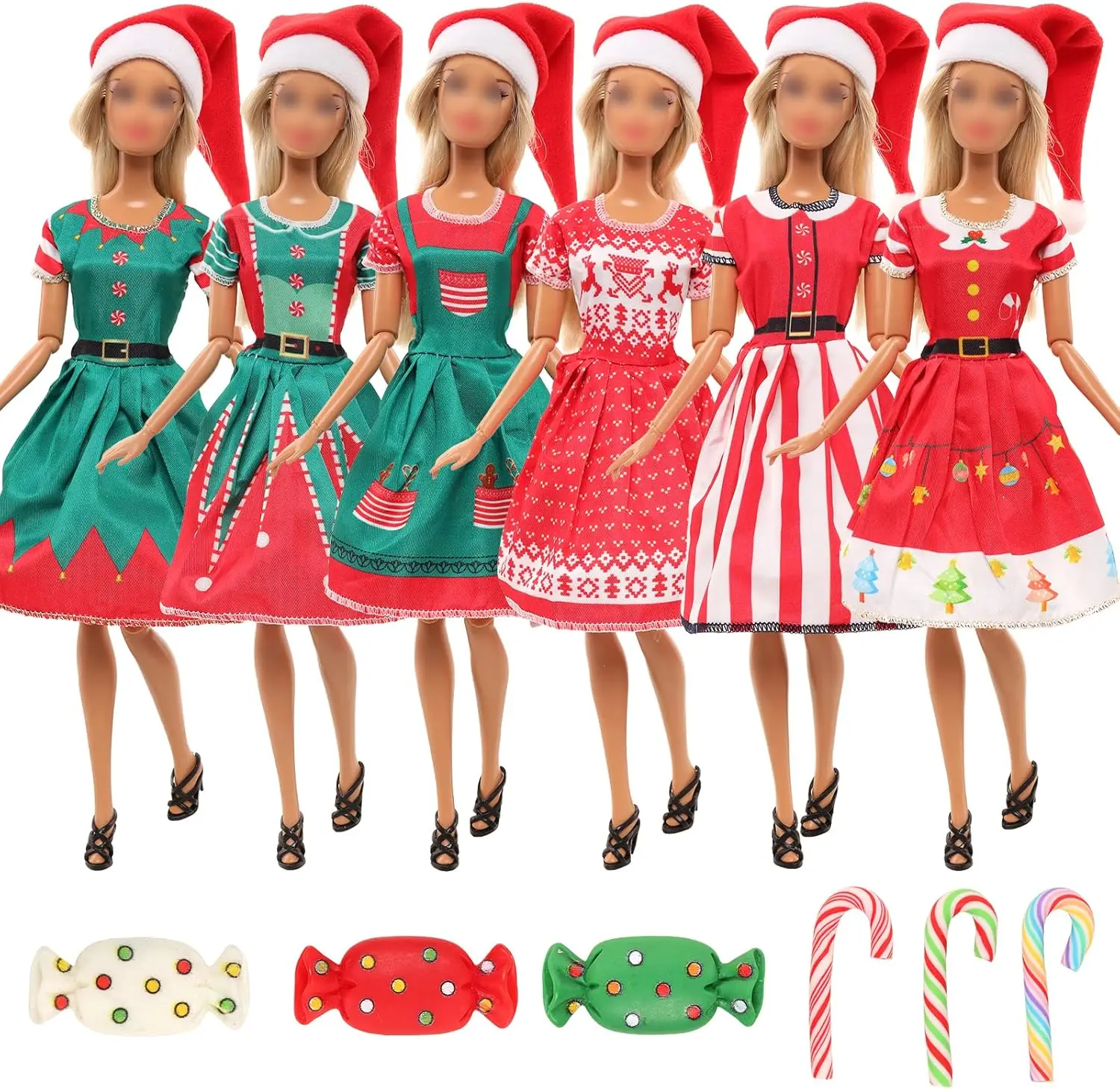 

Barwa, 15 шт., аксессуары для рождественской куклы ручной работы, 4 рождественских платья, 4 рождественских шапки, 3 рождественских конфет и 4 трости