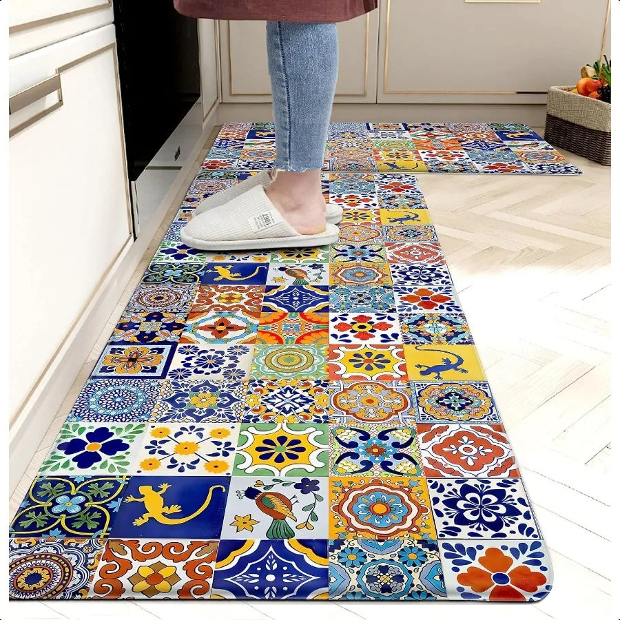 

Boho Kitchen Rugs Set 2 Pieces Memory Foam Colorful Ceramic Comfort Tile Floor Mat Anti Fatigue Noid PVC Runner Rug Water Oil P