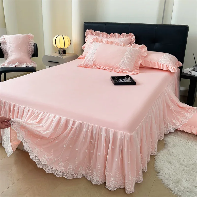 AI WINSURE-Washed Cotton Thin Bed Sheet, Lace Bedspread Double, Ruffle Bed Skirt Queen, King Size, with 2 Pillow Cases, 3pcs