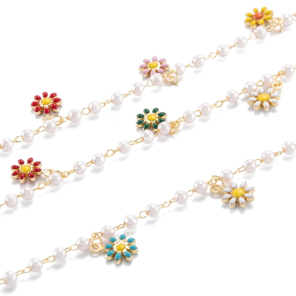 

about 10m/Roll Handmade CCB Plastic Imitation Pearl Beaded Chain, Brass Enamel Daisy Charms Chains for jewelry making accessorie