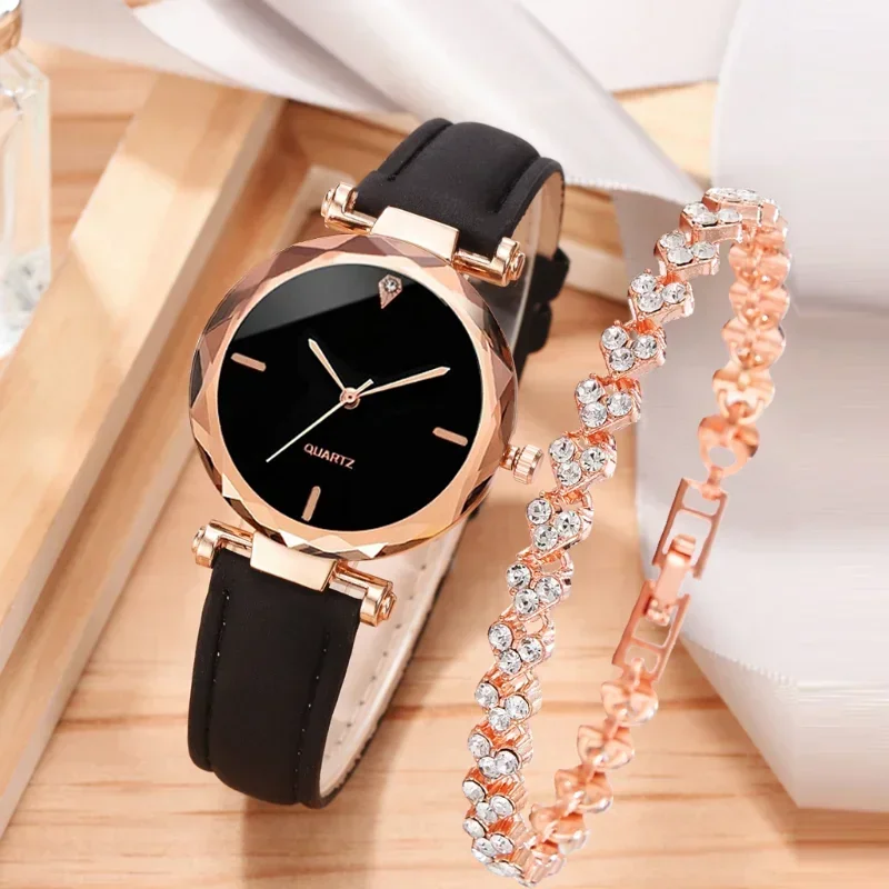 2pcs Luxury Fashion Watch for Women Set PU Leather Strap Ladies Watch Quartz Wristwatch Rhinestone Rose Gold Alloy Bracelet Gift