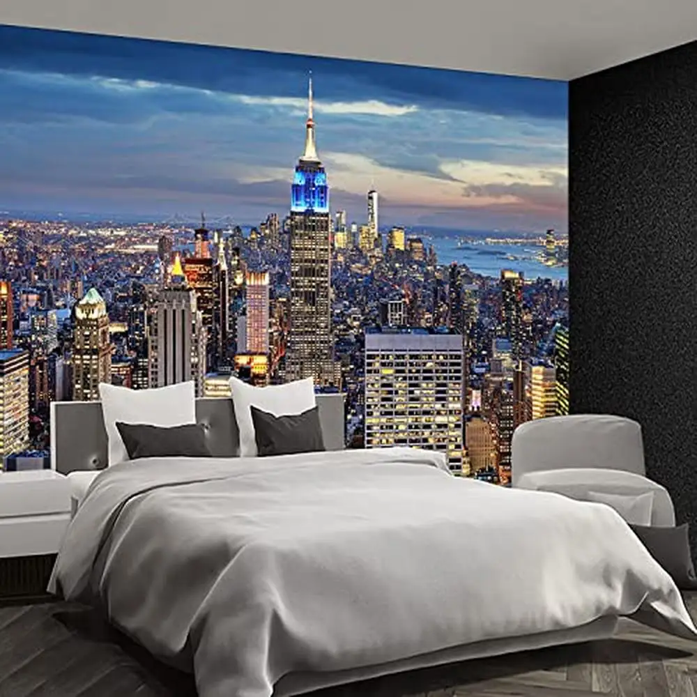 Manhattan City Night View Wall Mural Fabric Wallpaper Bedroom Living Room Decor Installation Kit Included High Toughness