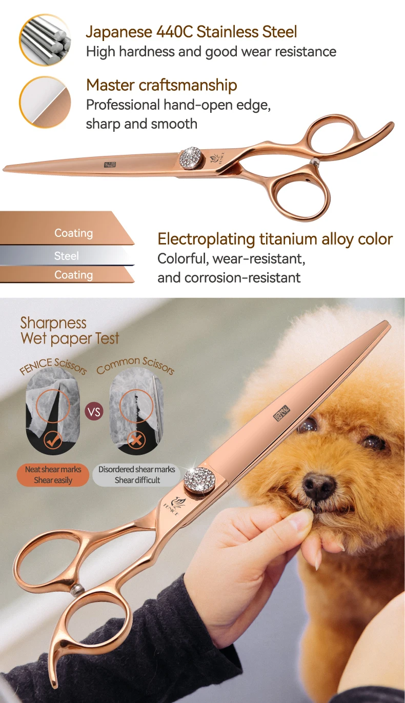 Fenice JP440C Tierpflege-Scherenset 7/7,5/8 Zoll Gerade Gebogene Effilierscheren für Hundefriseure – Detail 15