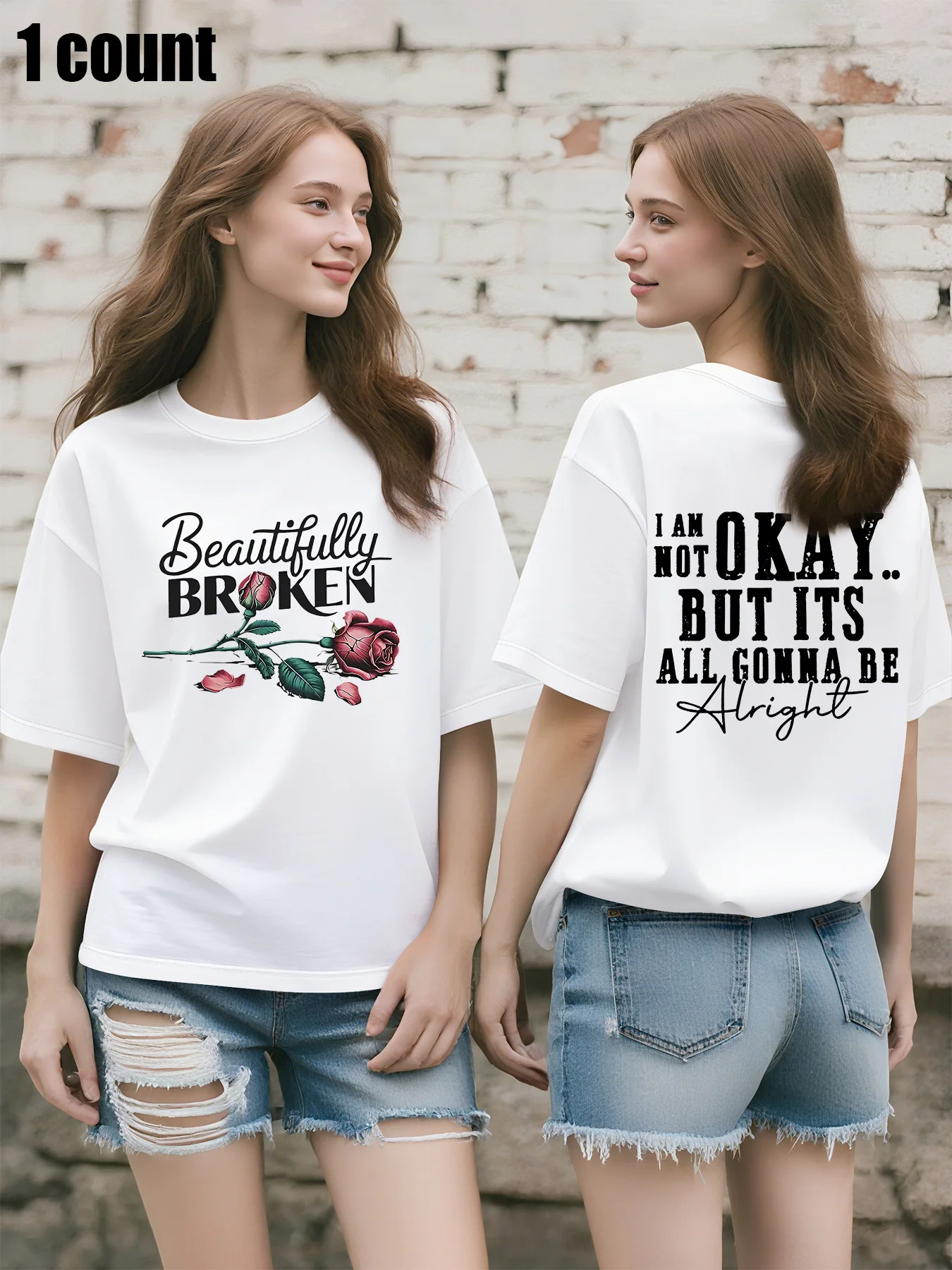 Plus Size Women's White Oversized T - Shirt, Front "Beautifully Broken" Rose Print, Casual Short - Sleeve Top