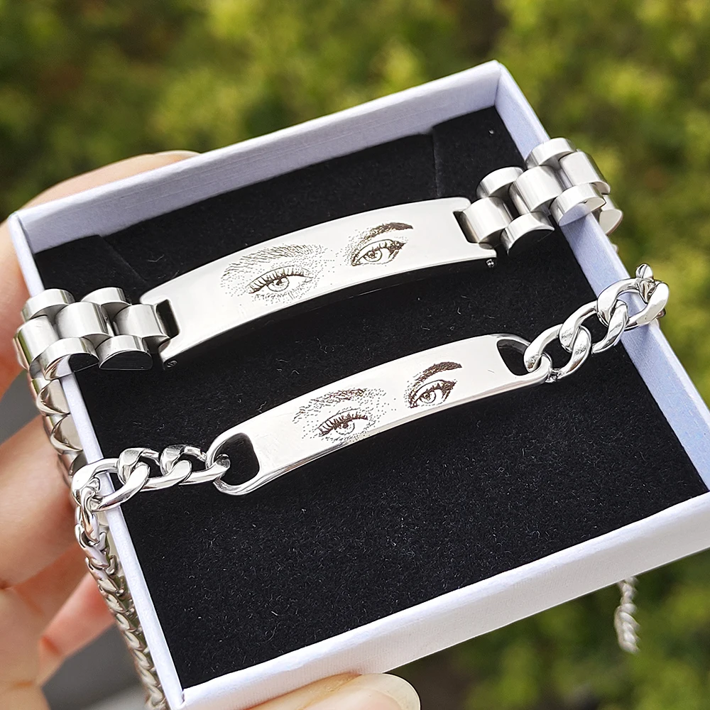 Pulseira de casal com foto de olhos personalizados, pulseira com imagem personalizada, imagem gravável, presentes de aço inoxidável para pai da família