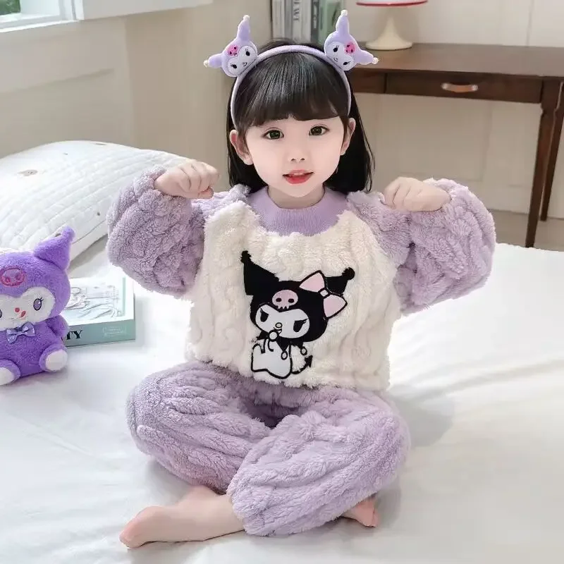 

Sweet Kuromi Anime Kawaii Sanrio Ins Children Flannel Pajamas Hooded Pants Cute Cartoon My Melody Baby Homewear Cloth Set Toys