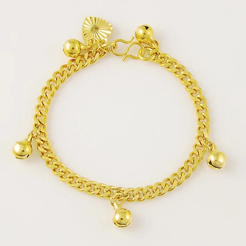 

24K Gold 3MM 7 Inch Classic Chain with Bell Pendant Bracelet For Women or Men Wedding Engagement Gift