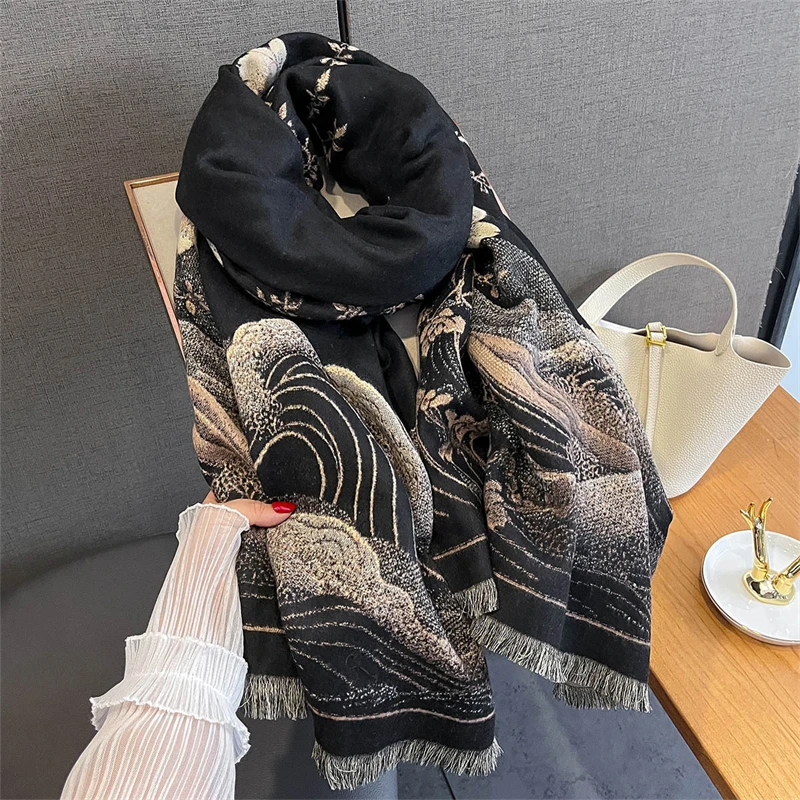 

Luxury Flower Print Designer Winter Fashion Women Scarf Cashmere Thicken Warm Shawl Pashmina Scarves Poncho Wrap Ladies