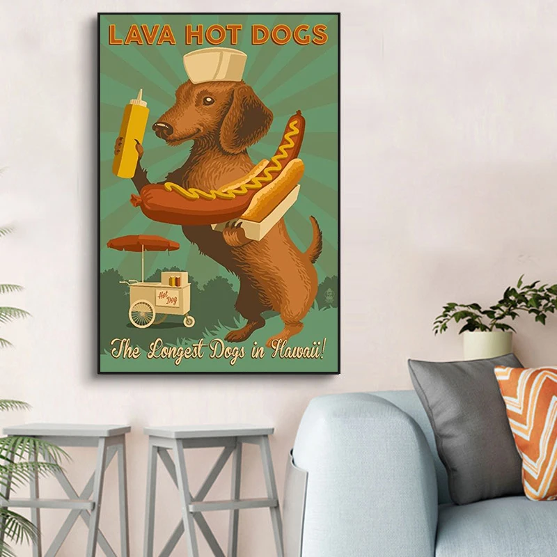 Funny Cartoon Dachshund Dog Poster and Print Kawaii Animal Canvas Painting Wall Art Picture for Kid Bedroom Home Decoration Gift view 2