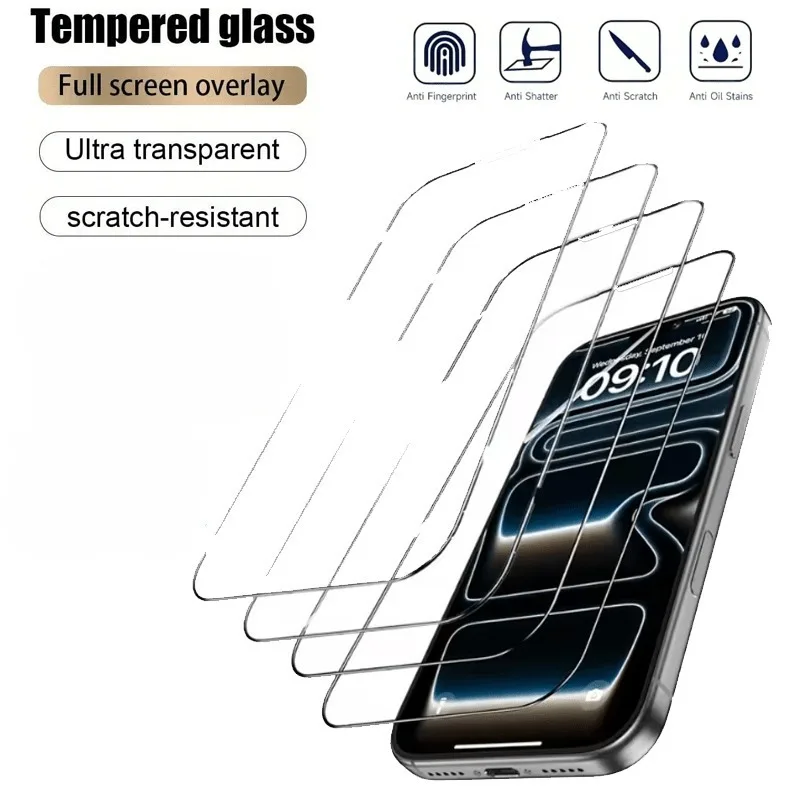 4PCS Ultra HD gehärtetes Glas Displayschutzfolien für iPhone 11 12 13 14 15 16 17 Pro Max 15 16 Plus 13 12 Mini 16e Luftglasfolie
