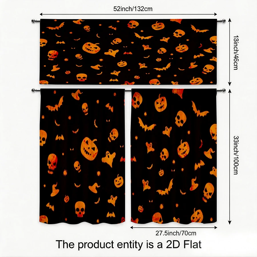 Halloween Fall Kitchen Curtains, Orange Pumpkin Skull, Digital Print, Kitchen Dining Room, Rod Pocket Polyester, Home Decor
