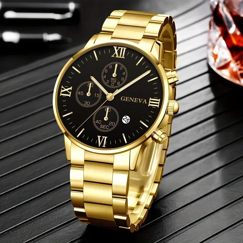 1pc Fashion Men Watches Classic Calendar Men\'s Round Quartz Watches, Men\'s Business Stainless Steel Watch Men Bracelets Necklace