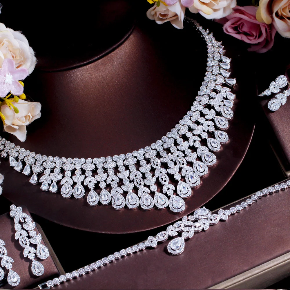 CWWZircons Super Luxury Tassel Leaf Drop Big Chunky Wedding Necklace Dubai White Gold Plated 4pcs Jewelry Sets for Brides T647