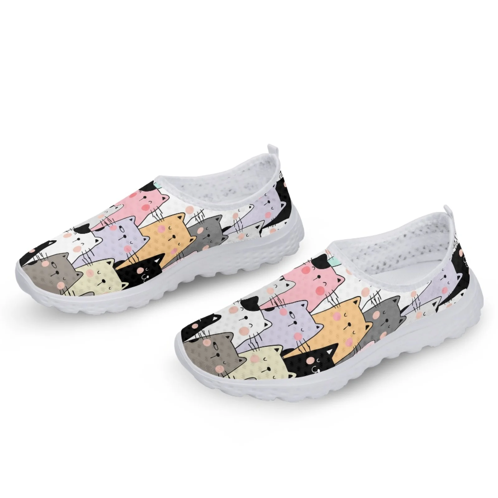 INSTANTARTS Cartoon Cat Designer Brand Slip-on Shoes Hand-painted Cat Print Loafers Women\'s Casual Breathable Mesh Shoes Zapatos