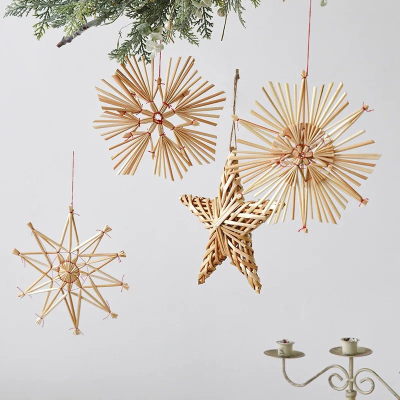 Natural Straw Five Pointed Star Snowflake Pendant Christmas Tree Ornament Window Decor
