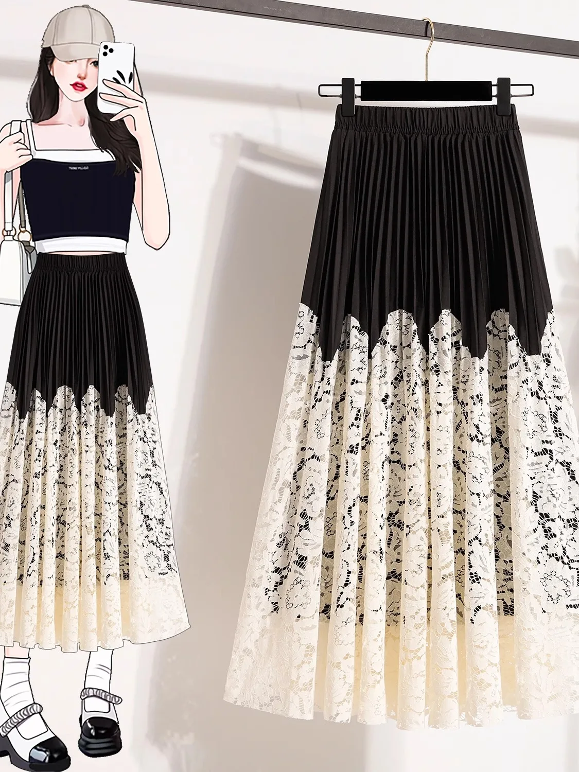 Heavy Embroidery Lace Skirt with Hook Flower Hollow out Design Mid-Length A-Line Half Body Skirts for plus Size Women