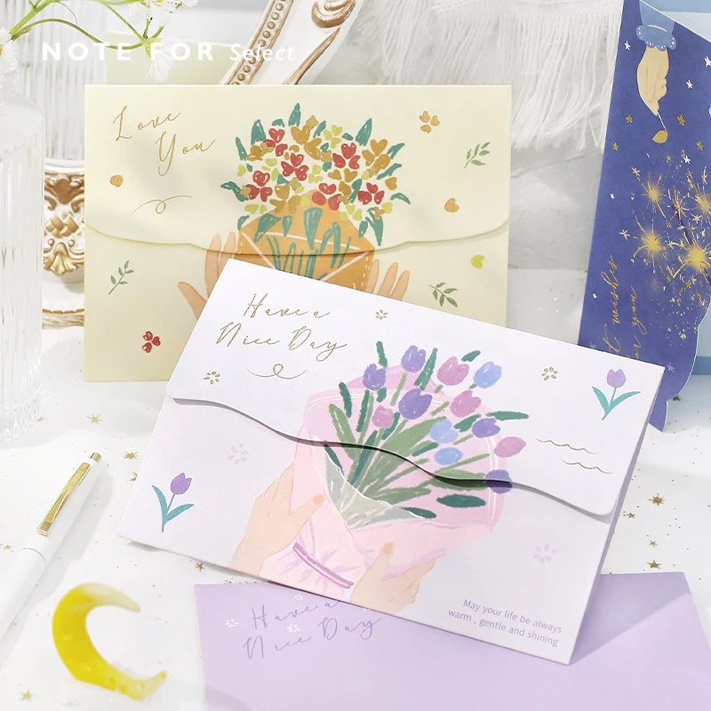 4Pcs Tri-fold Hot-Stamped Birthday Card Premium Envelope Card Thank-You Card Elegant Greeting Card Blessing Message Card