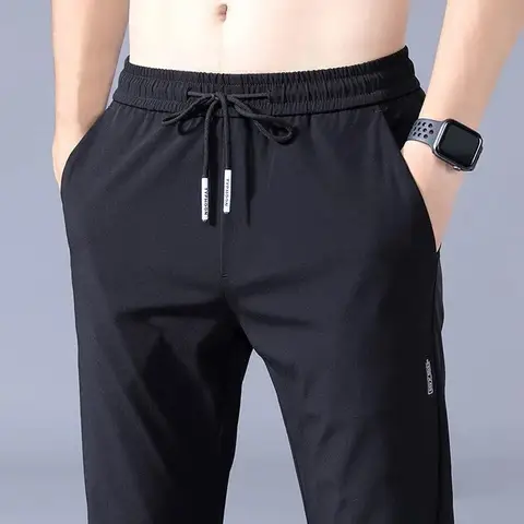 남성 바지 2025 여름 새로운 블랙 그레이 얇은 비즈니스 캐주얼 바지 야외 탄성 통기성 스트레이트 레그 스웨트 팬츠
