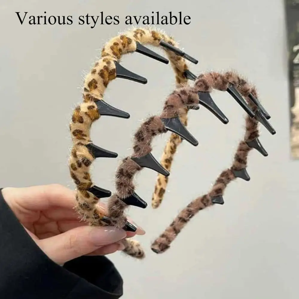 

High Elasticity Plush Teethed Hairband Anti Slip Vintage High Cranium Hairband Leopard Pattern Hair Ornament Headband
