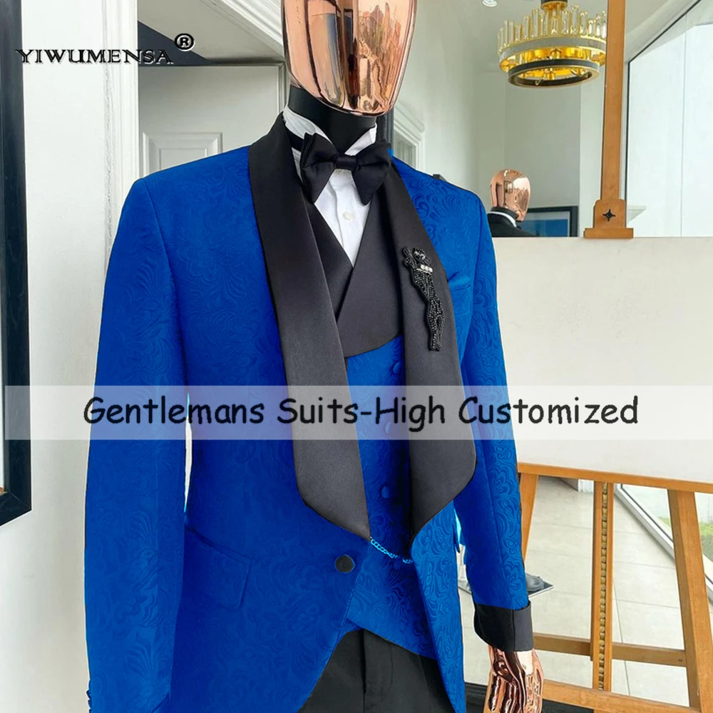 

Red Floral Pattern Tuxedo Suits Men For Wedding Black Shawl Lapel Prom Blazers Customized 3 Pieces Man Banquet Party Clothing
