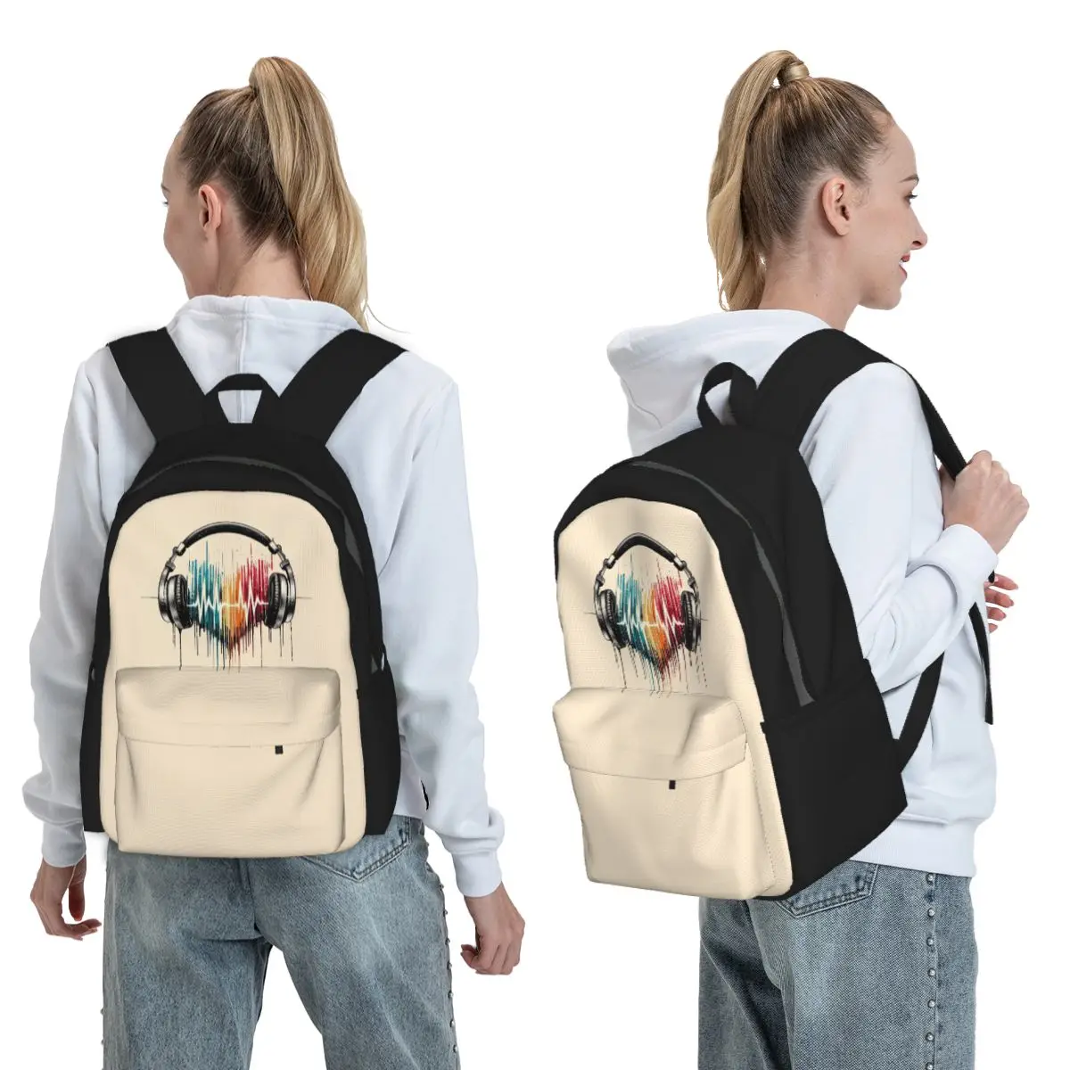 

Heart Shaped Music Note With Headphones Backpack Boys Girls BookBag Kids School Bag Laptop Shoulder Bags for Men Women