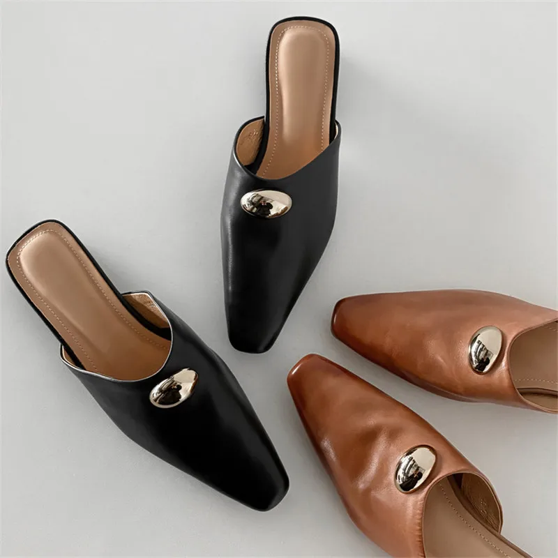 New Spring/Summer Slippers Genuine Leather Shoes Square Toe Mules Shoes for Women Fashion Retro Low Heels Ladies Shoes Handmade