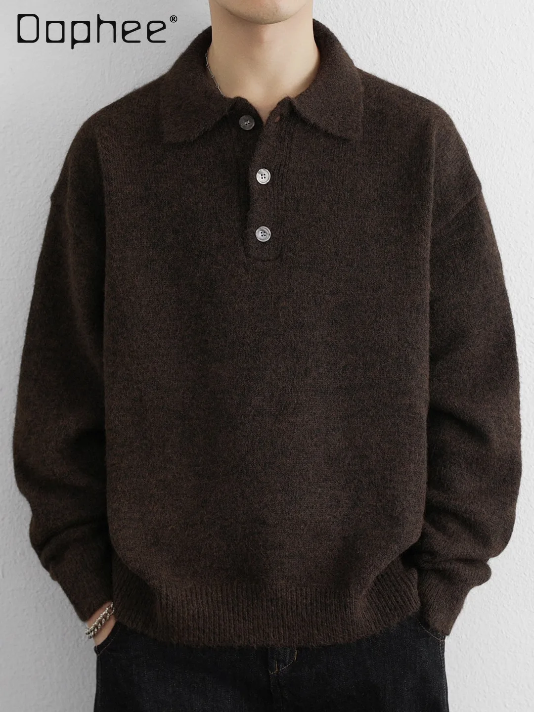

Autumn and Winter Men's American Style Loose Casual Polo Collar Warm Dark Gray Brown Green Turn-Down Collar Knit Sweater