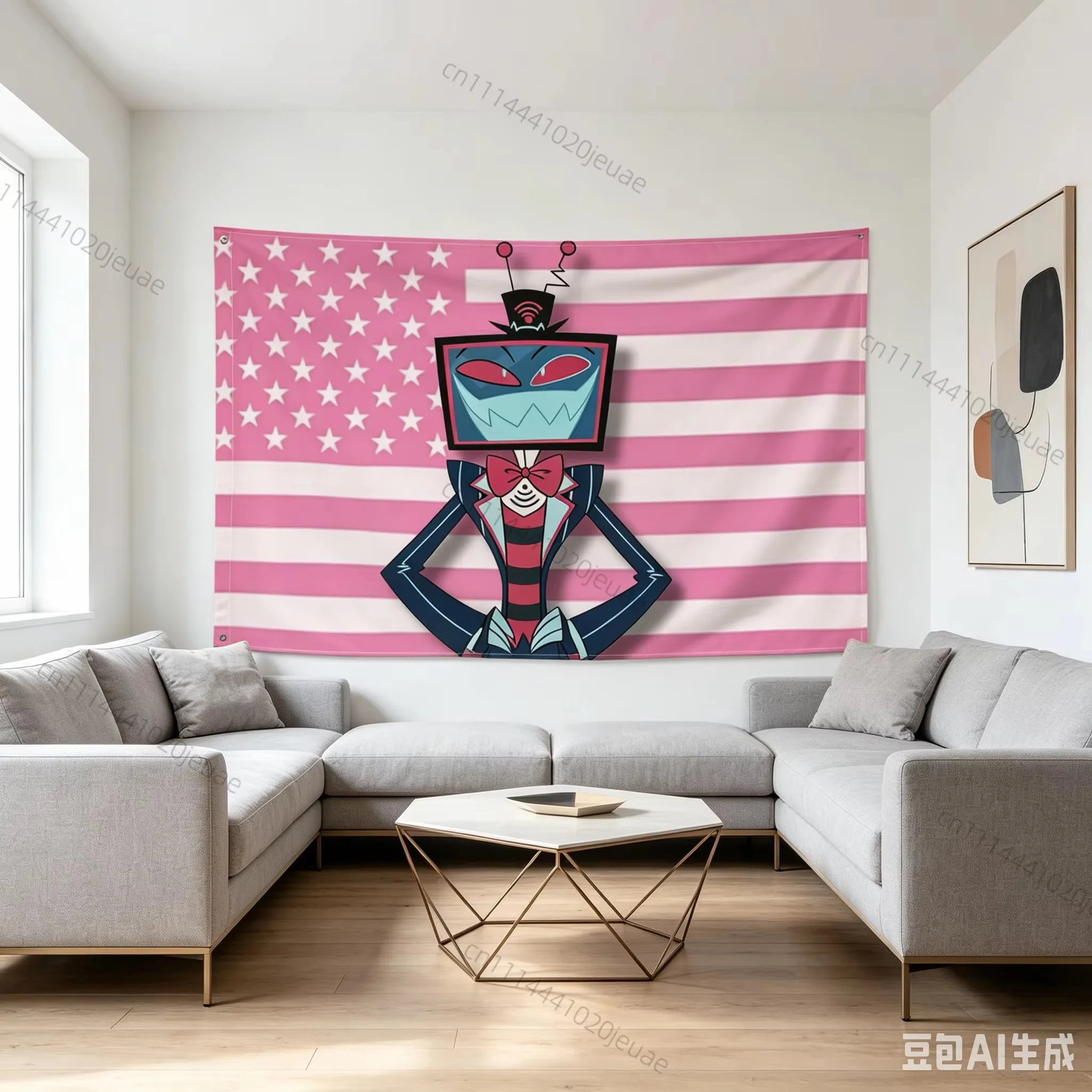 Pink American Flag V-Vox Hazbin Tapestry, Anime Wall Hanging for Bedroom Living Room Aesthetic Decor Fans Gift Banner