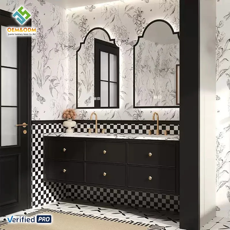OEM Modern Solid Wood Bathroom Vanity Table Cabinet Ceramic Basin Copper Drainer Wall-Mounted LED Mirror Sink Faucet Bedroom