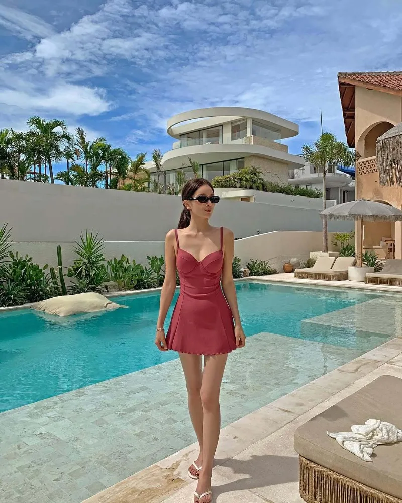 Wyszczuplający, seksowny strój kąpielowy modelujący brzuch, koreański, świeży i uroczy, skromny, z falbanką, push-up dla kobiet z małym biustem, idealny do gorących źródeł.