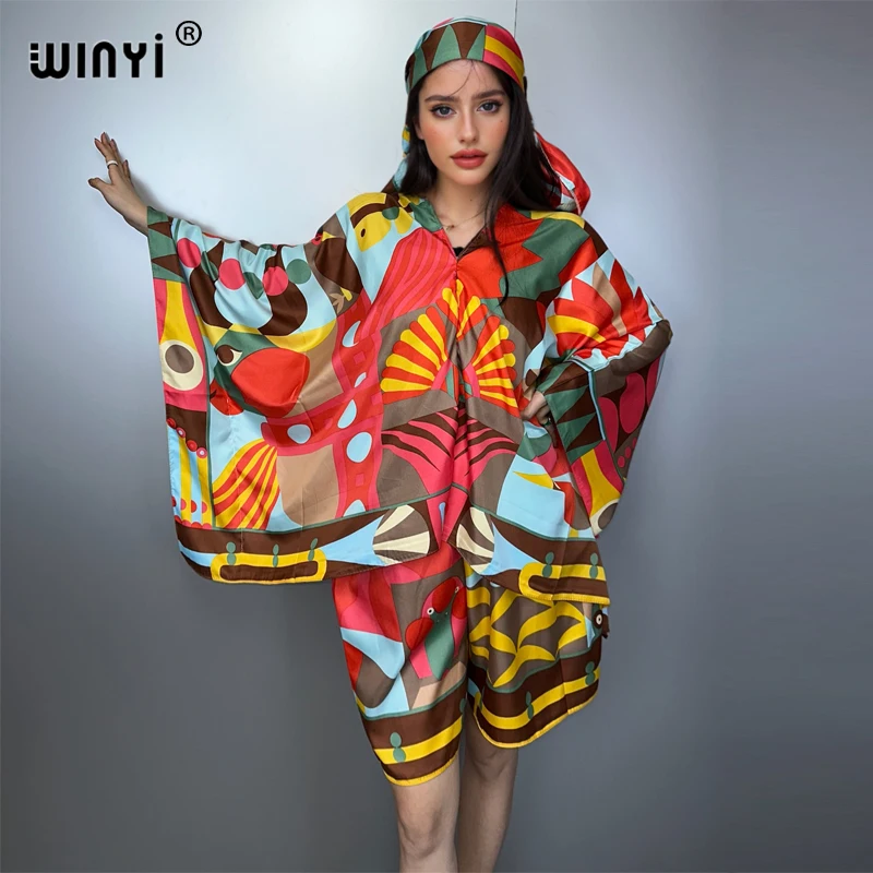 

WINYI summer outfit boho print beach cover up Women elegant Shorts suit beach wear 2 pieces set for woman