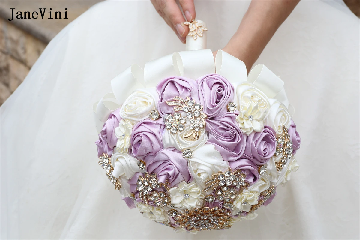 JaneVini New Romantic Bridal Bouquets with Crystal Taro Purple Satin Roses Handmade Bride Fake Flower Graduation Bouquet Wedding