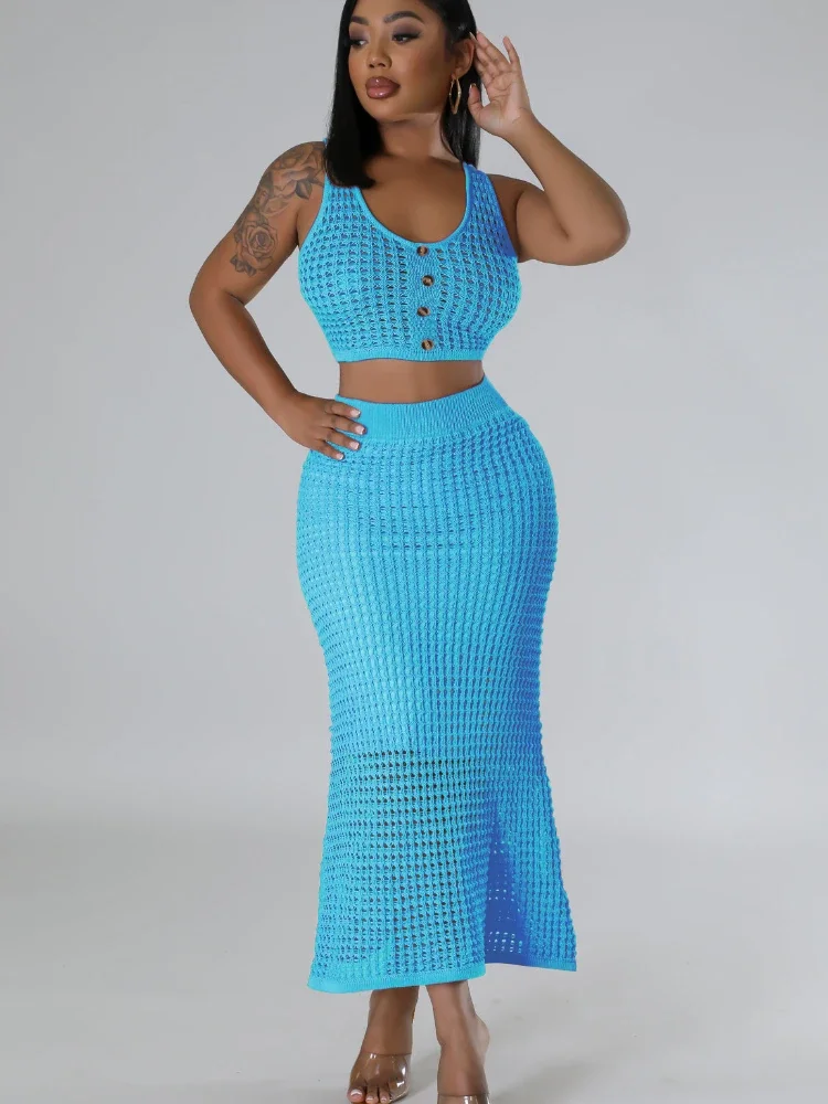 Knitted Crochet Dress Sets Women 2 Piece Set Beach Wear Vacation Tank Crop Top and Long Skirt Summer Outfit Roupas Feminina