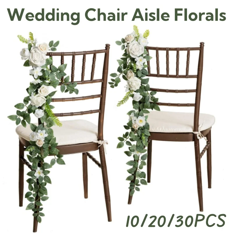 

10pcs Wedding Chair Aisle Floral Swag Artificial Pew Flowers Hanging Garland White & Sage Green For Ceremony Church Party Beach